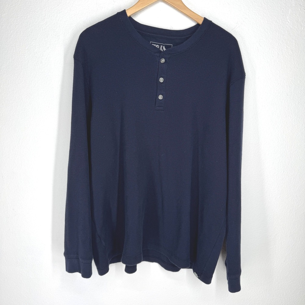 Eddie Bauer Mens XXL Navy Blue Waffle Knit Thermal Long Sleeve Henley Shirt Y2K